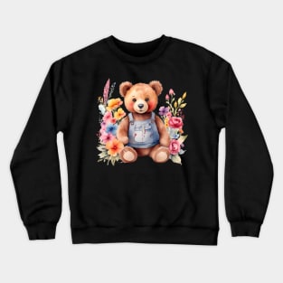 A teddy bear decorated with beautiful watercolor flowers Crewneck Sweatshirt